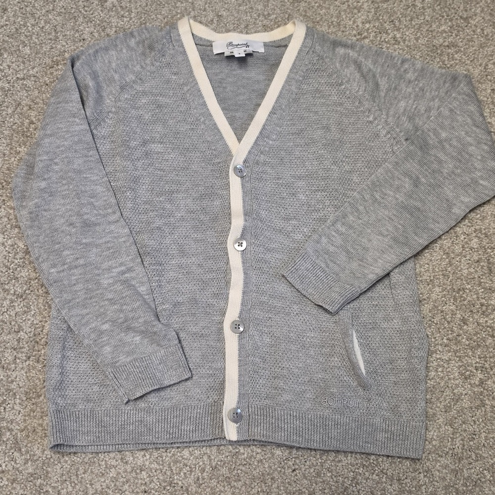 Bonpoint Boys Cardigan Size 6 Gray Ivory Cotton Knit Sweater Luxury $345